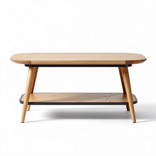 Mesa de café em madeira natural com prateleira inferior 120 x 60 x 40cm
