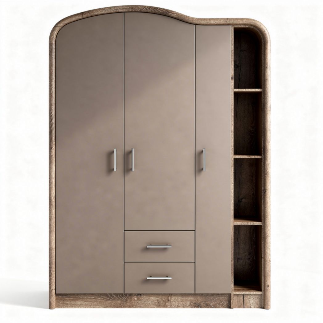 Guarda-roupa em madeira com acabamento em tom bege e prateleiras laterais 150 x 90 x 220cm