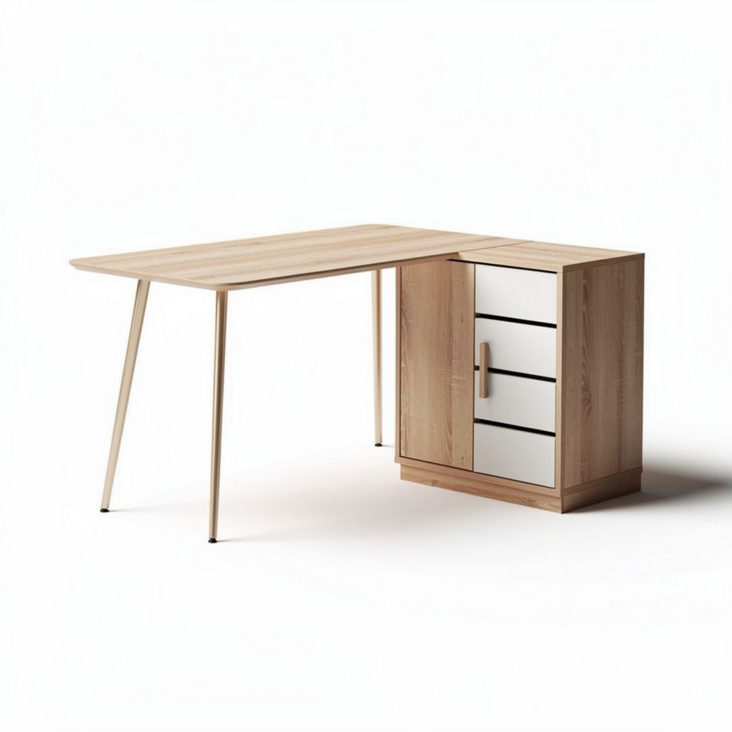 Mesa de escritório em madeira clara com compartimento e gavetas 100 x 60 x 75cm