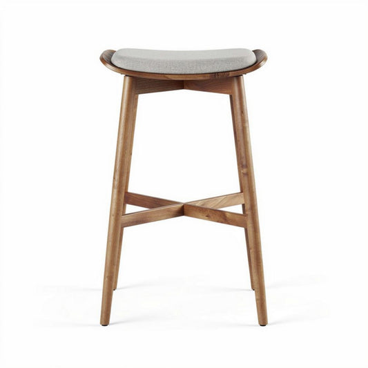 Banqueta de madeira natural com assento em tecido cinza 40 x 40 x 75cm