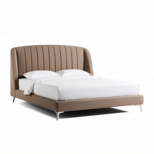 Cama de casal em tecido bege com cabeceira estofada 200 x 160 x 95cm